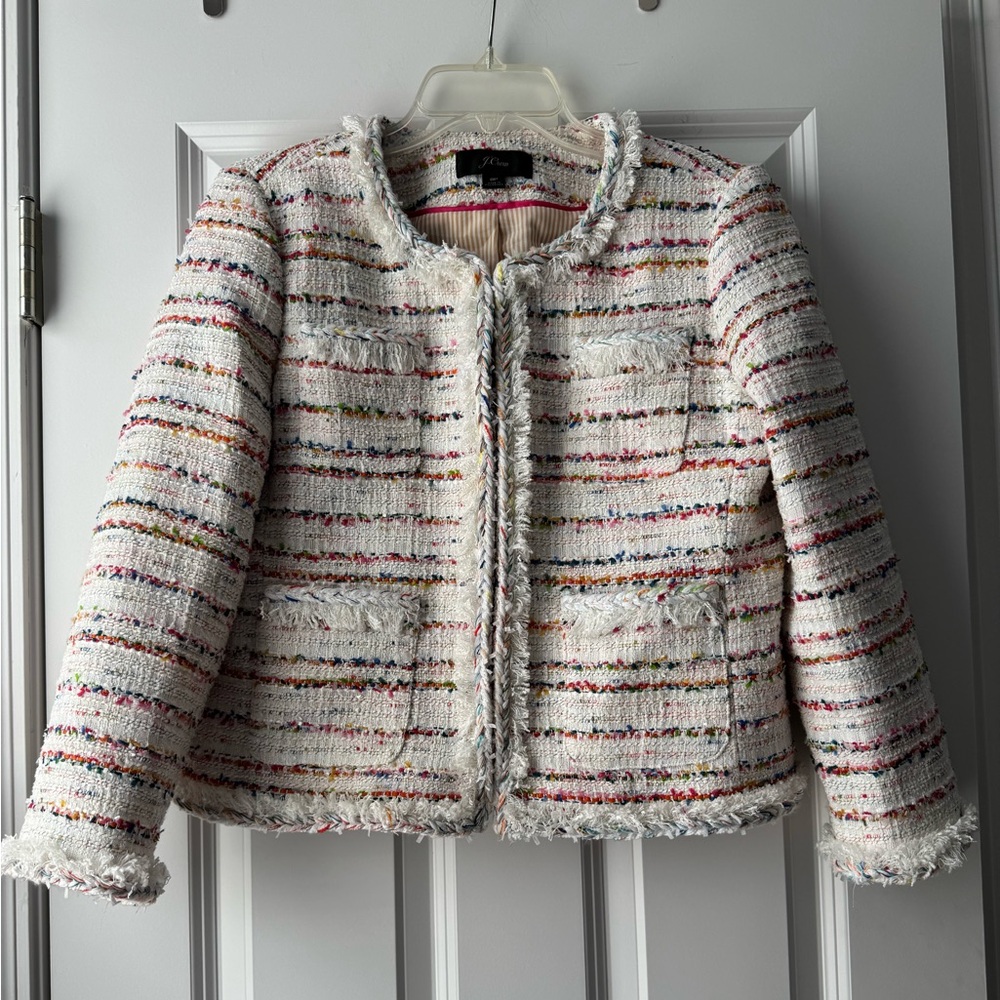 J. Crew Lady Jacket in Ivory Rainbow Confetti Fringe Tweed | Size 8P